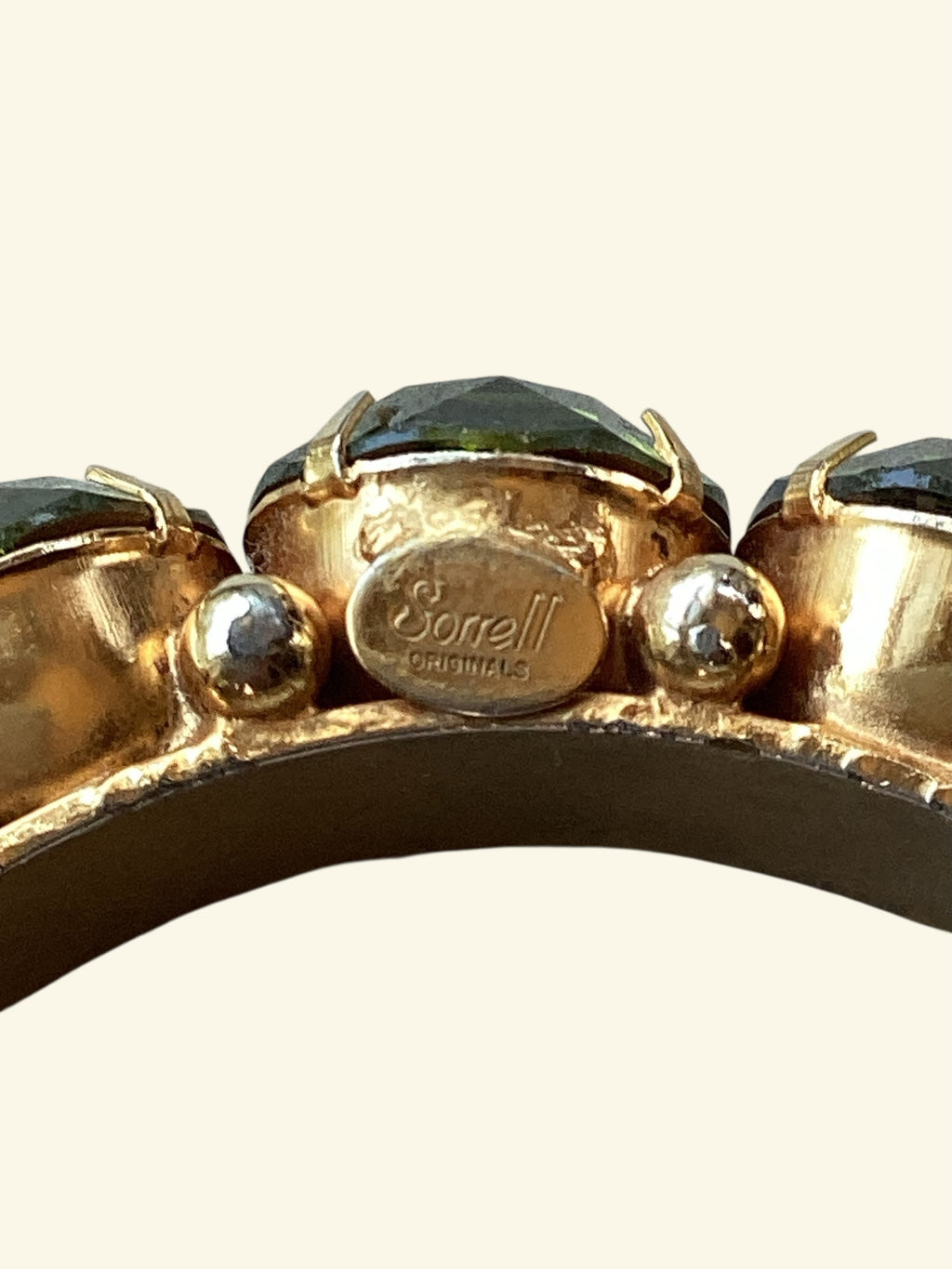 Rare Robert Sorrell Originals Couture Statement Bangle Bracelet - Massive Prismatic Olivine Crystals in 
Ornate Gold-Tone