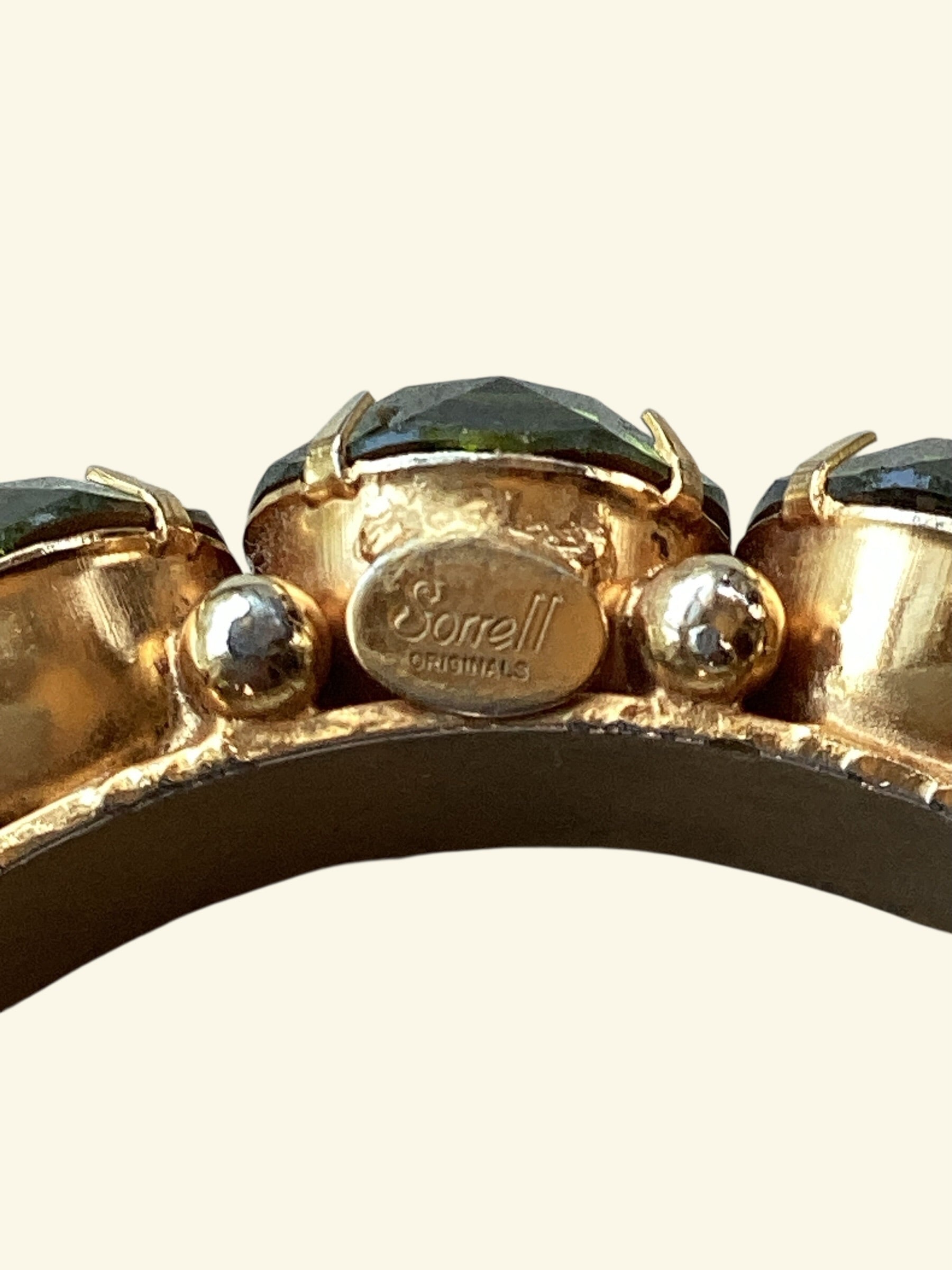 Rare Robert Sorrell Originals Couture Statement Bangle Bracelet - Massive Prismatic Olivine Crystals in 
Ornate Gold-Tone