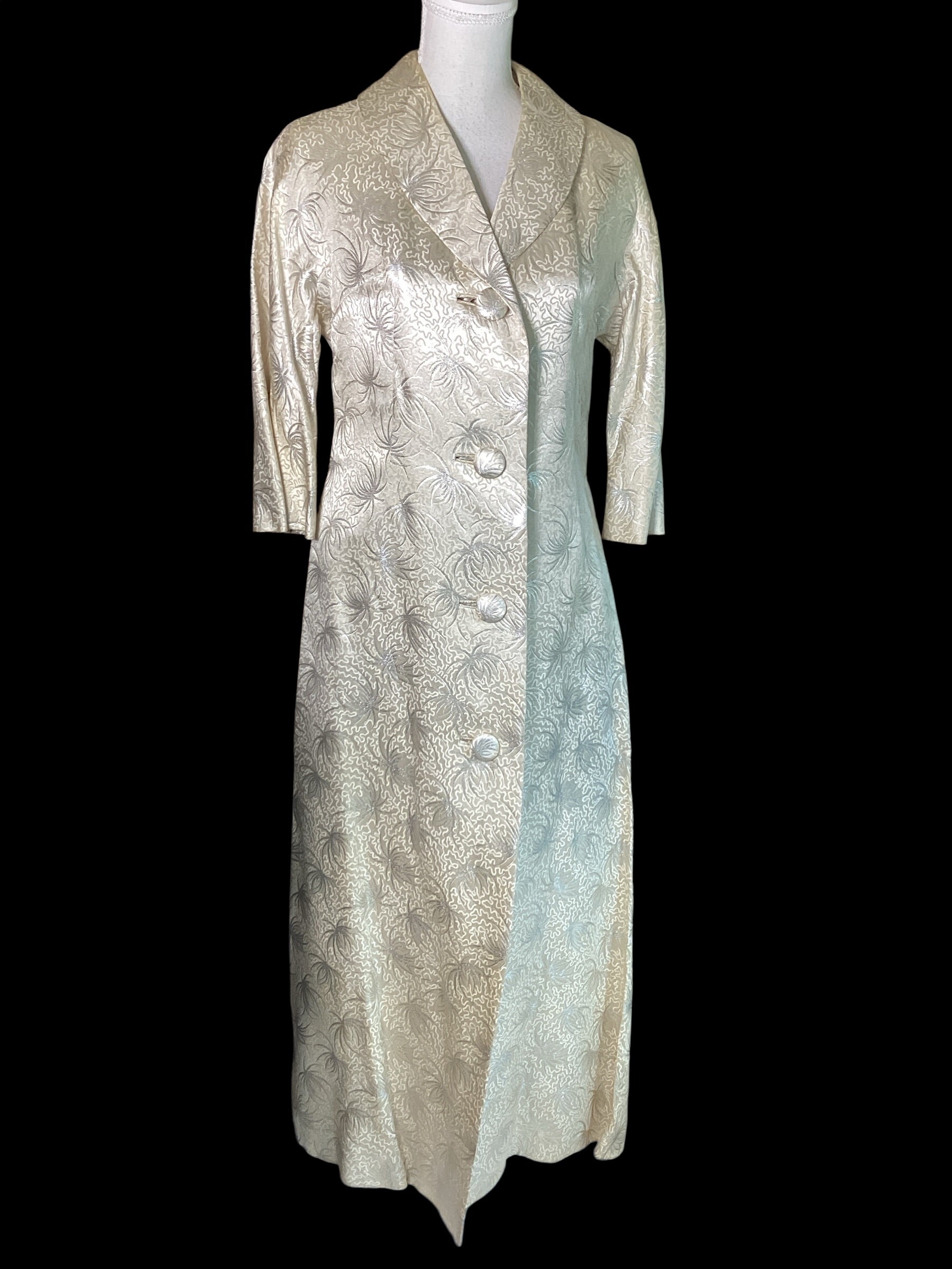 Pristine Vintage 1960s Metallic Silver & Ivory Silk Brocade Floor-Length Opera/Evening Coat