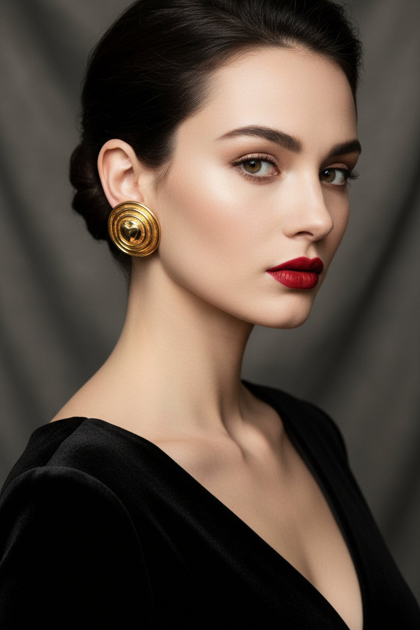 Vintage 1980’s Escada Gold Tone Concentric Circle Heart Clip-On Earrings