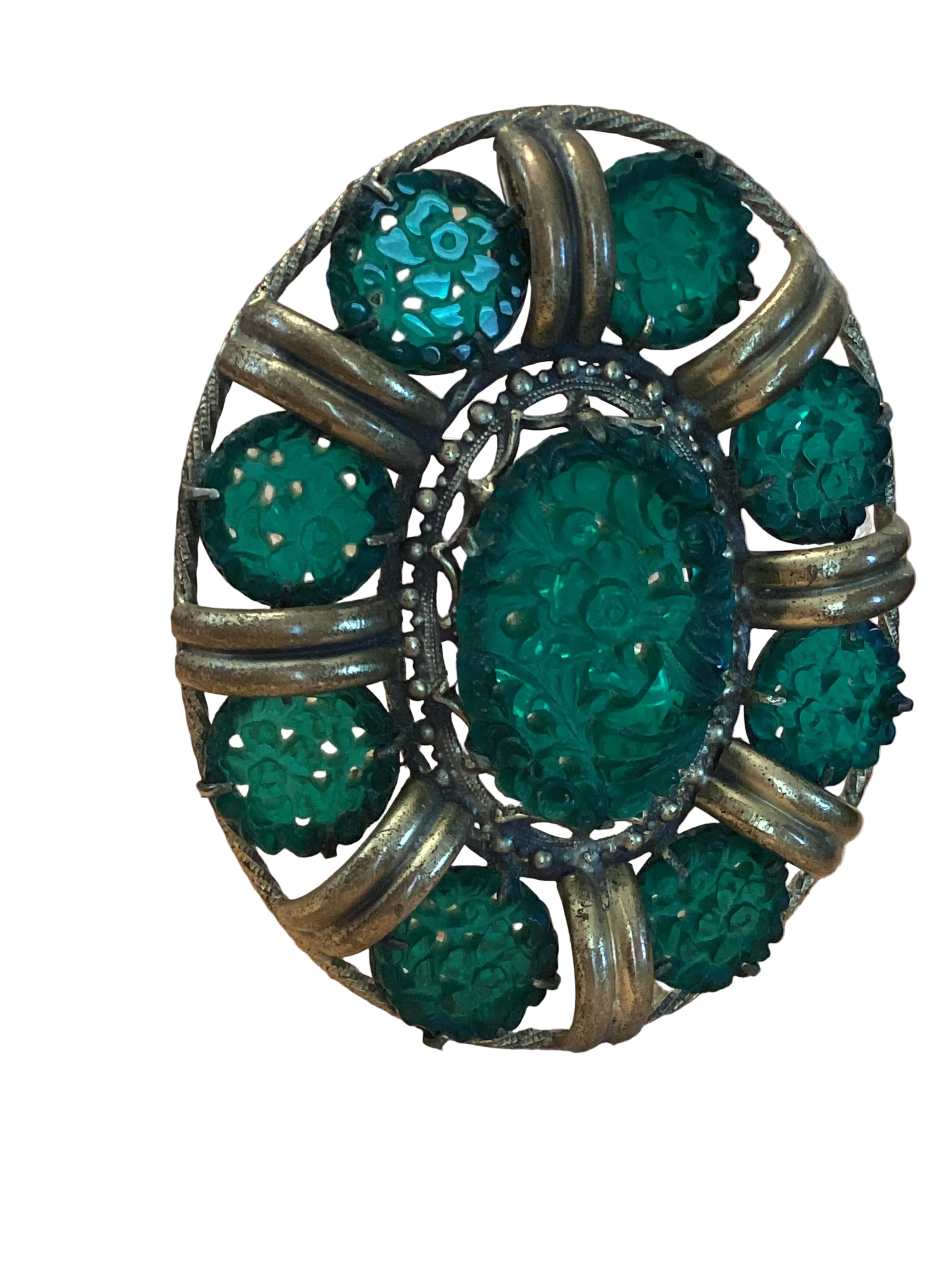 Art Deco Era Green Glass Floral Brooch/Pendant