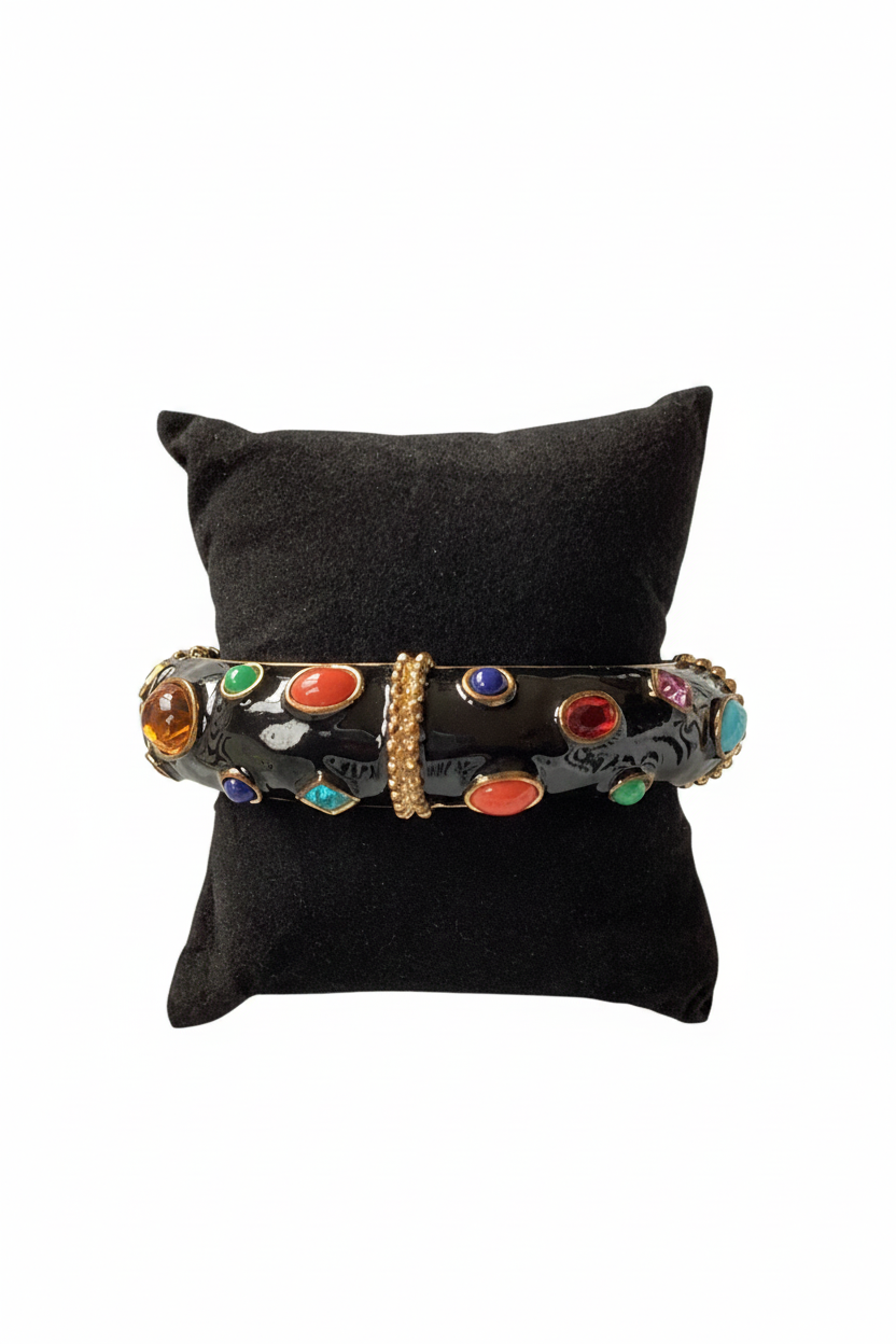 Circa 1980’s Kenneth Jay Lane KJL Multi-Strand Multi-Color Cabochon Black Enamel Necklace & Bangle Set