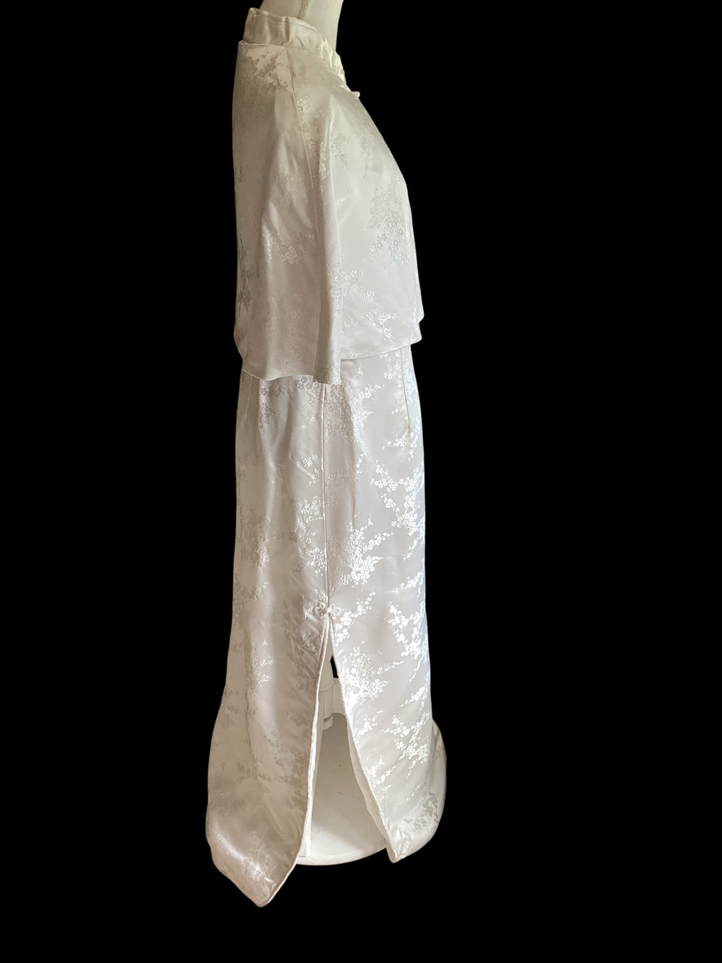 White Floral Brocade Cheongsam Dress & Capelet Set