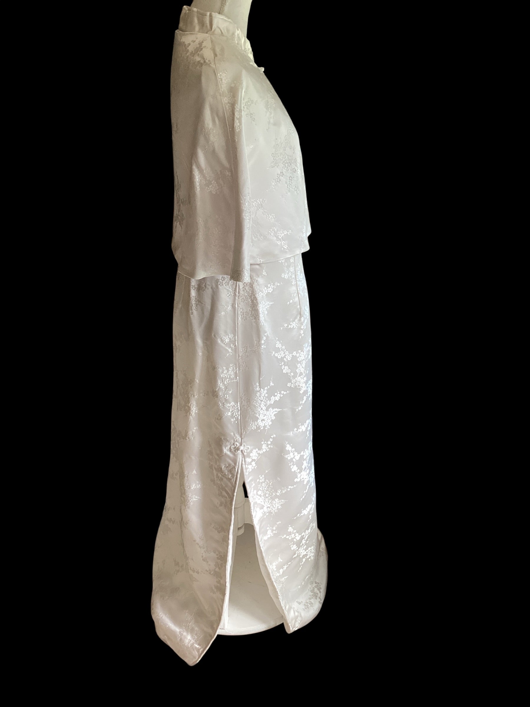 White Floral Brocade Cheongsam Dress & Capelet Set