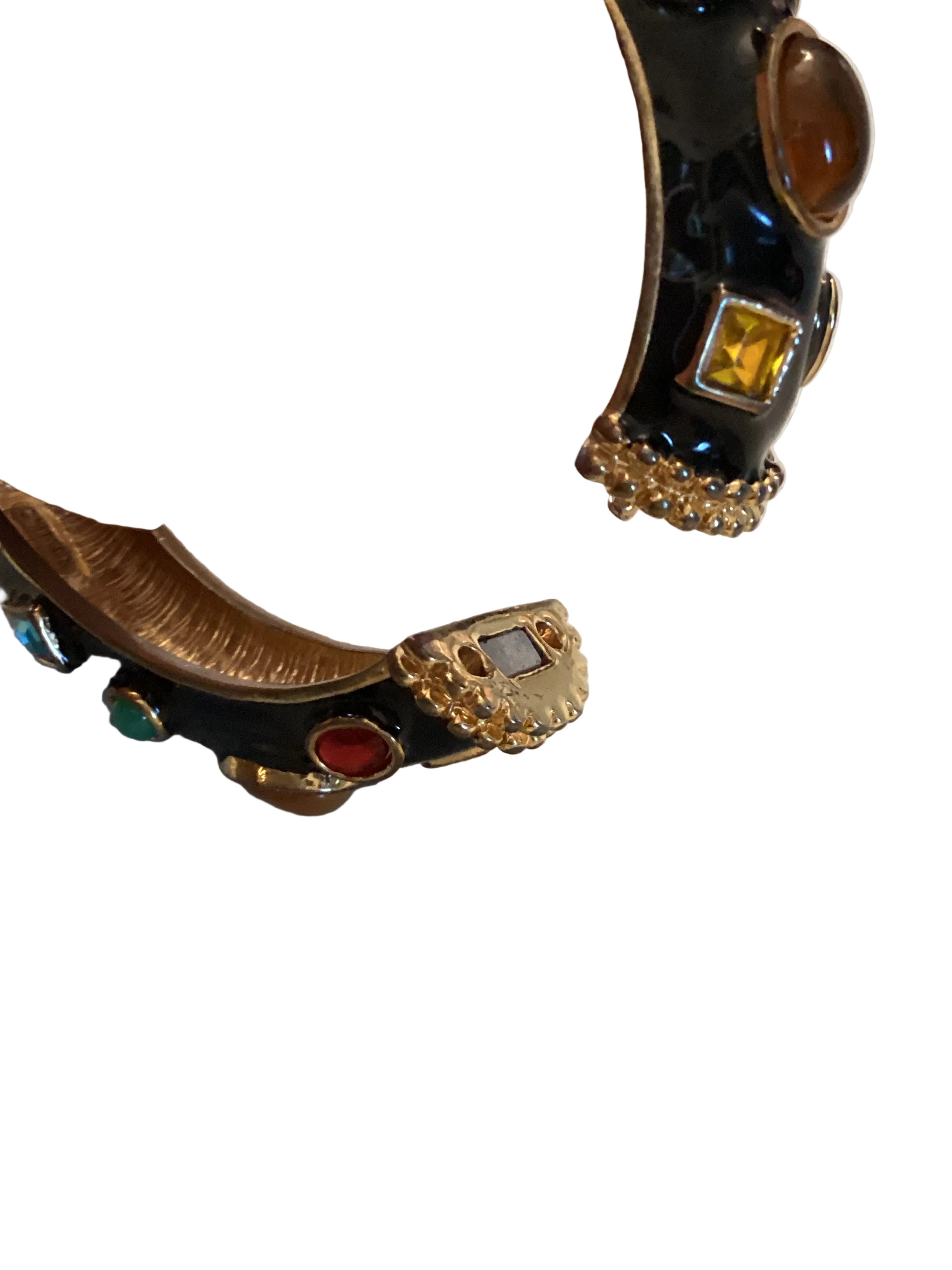 Circa 1980’s Kenneth Jay Lane KJL Multi-Strand Multi-Color Cabochon Black Enamel Necklace & Bangle Set