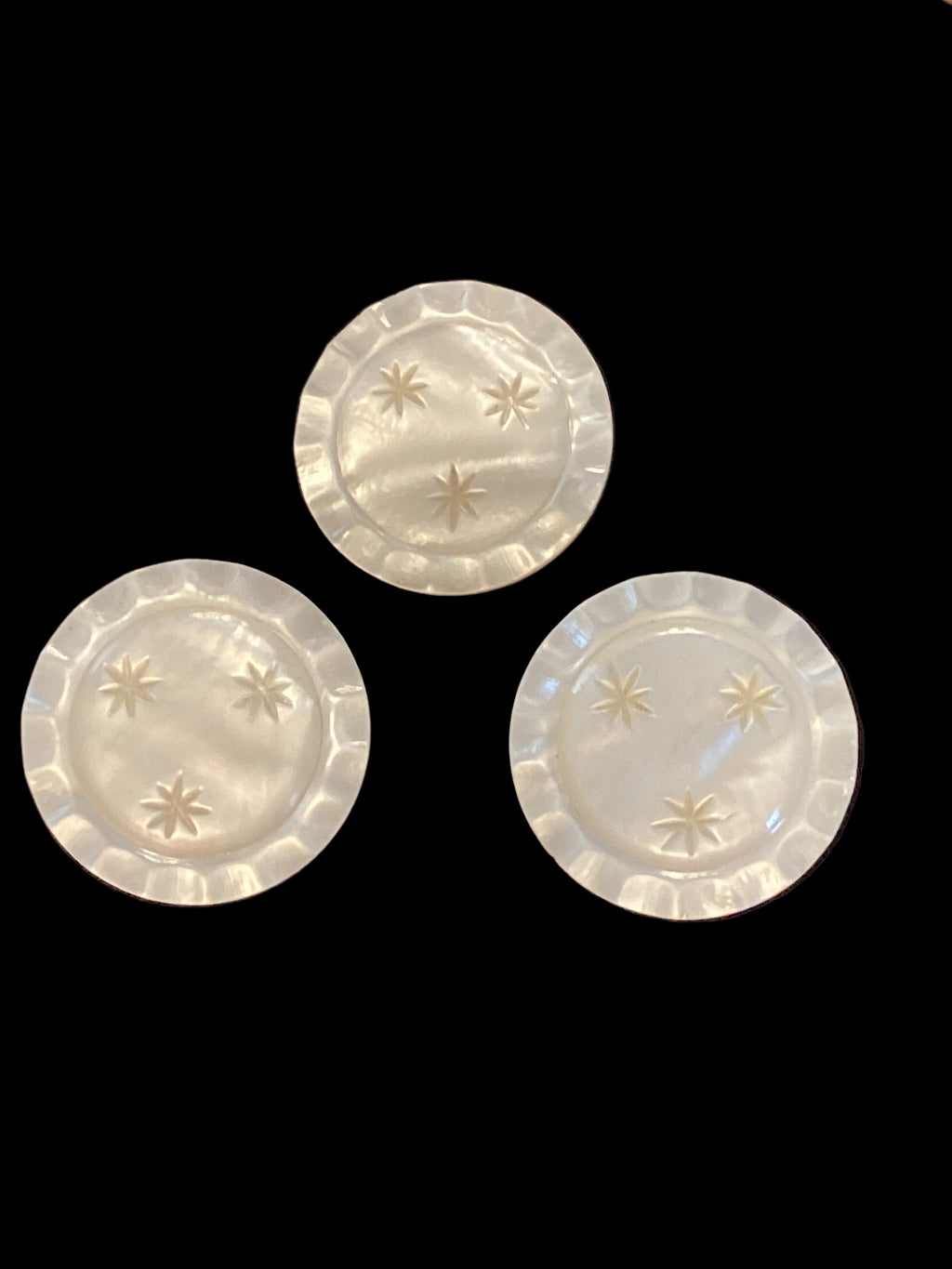 Antique Carved Mother of Pearl Sweetheart Pins Set of 3 Star Pattern Scalloped Edge C-Clasp Pre-1910