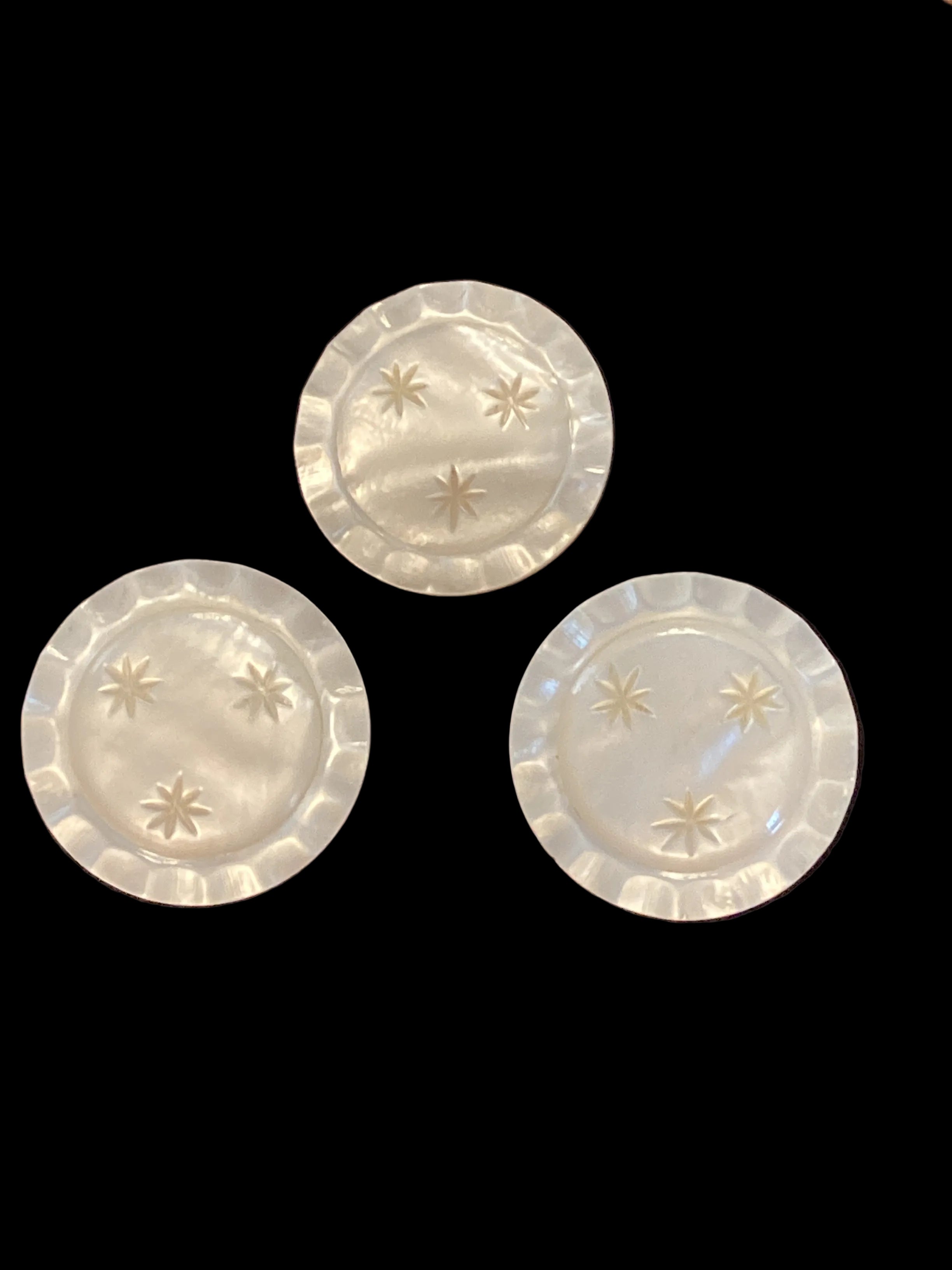 Antique Carved Mother of Pearl Sweetheart Pins Set of 3 Star Pattern Scalloped Edge C-Clasp Pre-1910