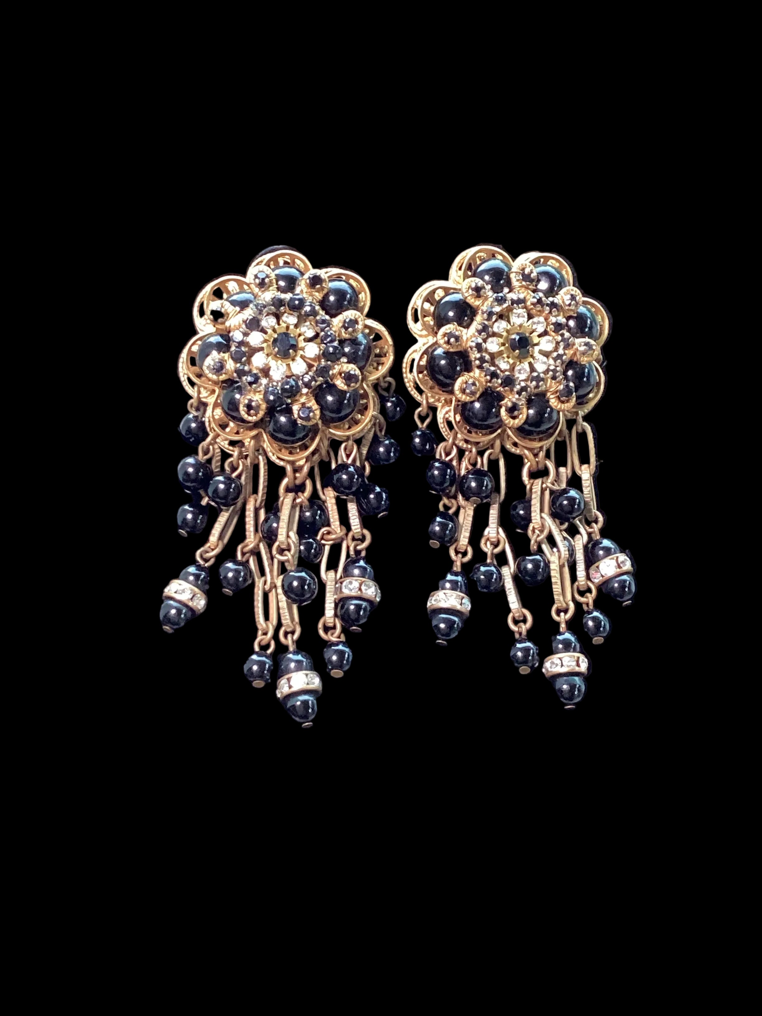 Rare Vintage Stanley Hagler N.Y.C. Jet Black Bead & Crystal Waterfall Earrings