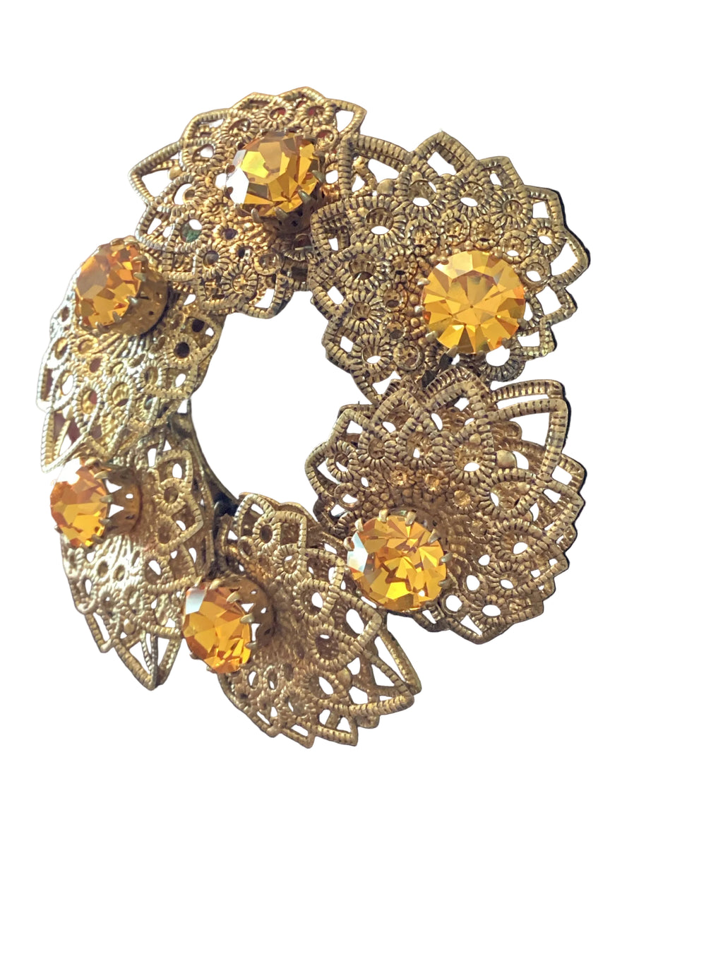 1950s West Germany Brass Filigree Citrine
Wreath Brooch