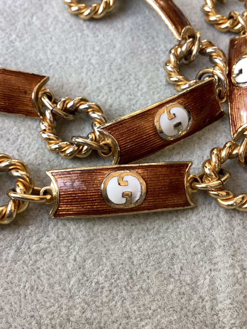 Vintage 1970s Gucci Enamel Chain Link Necklace/Belt Gold Tone Bronze Interlocking
GG Logo