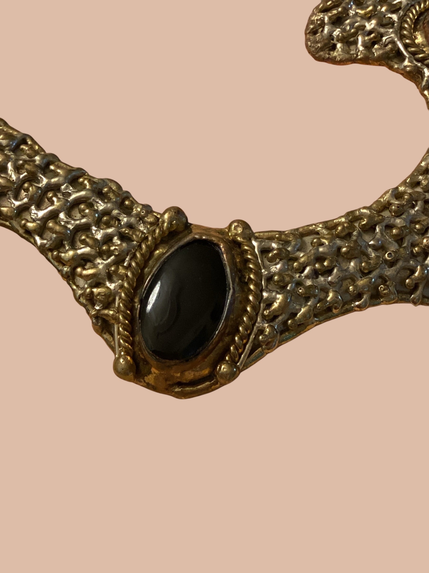 1960s Mexican Brutalist Brass & Onyx Handcrafted Collar Necklace