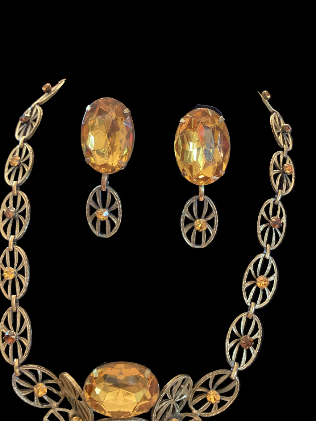 Antique Art Deco Brass Filigree Citrine Glass Necklace & Earrings Set