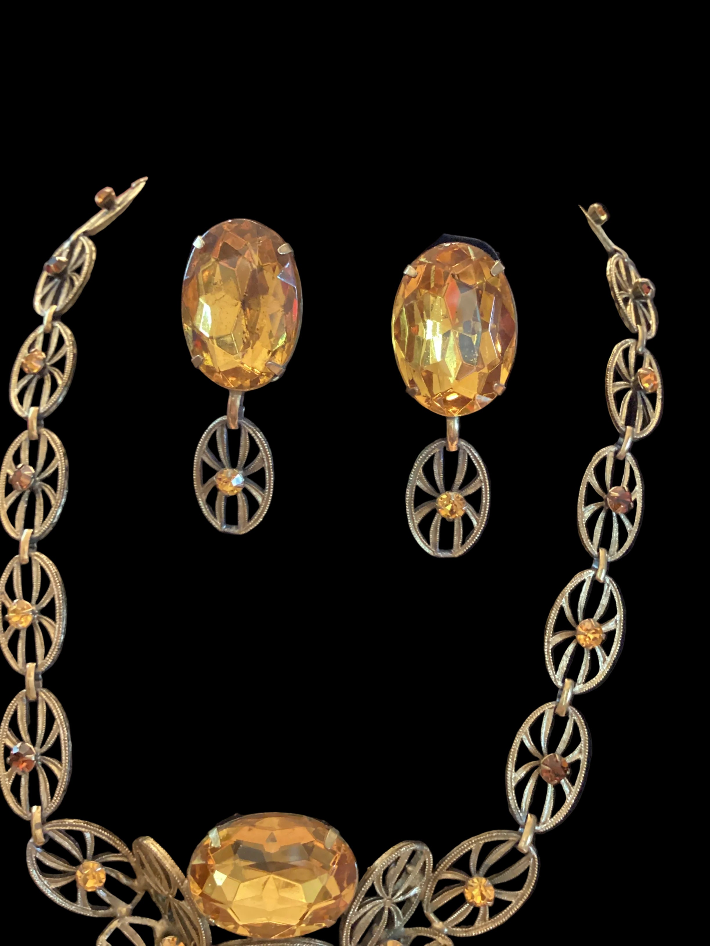 Antique Art Deco Brass Filigree Citrine Glass Necklace & Earrings Set