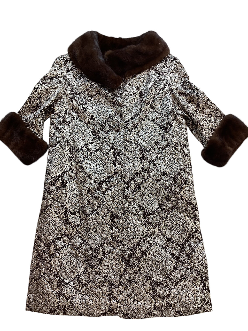 Vintage 1960s Custom Couture Brocade Shift Coat, Mahogany Mink Fur Collar & Cuffs