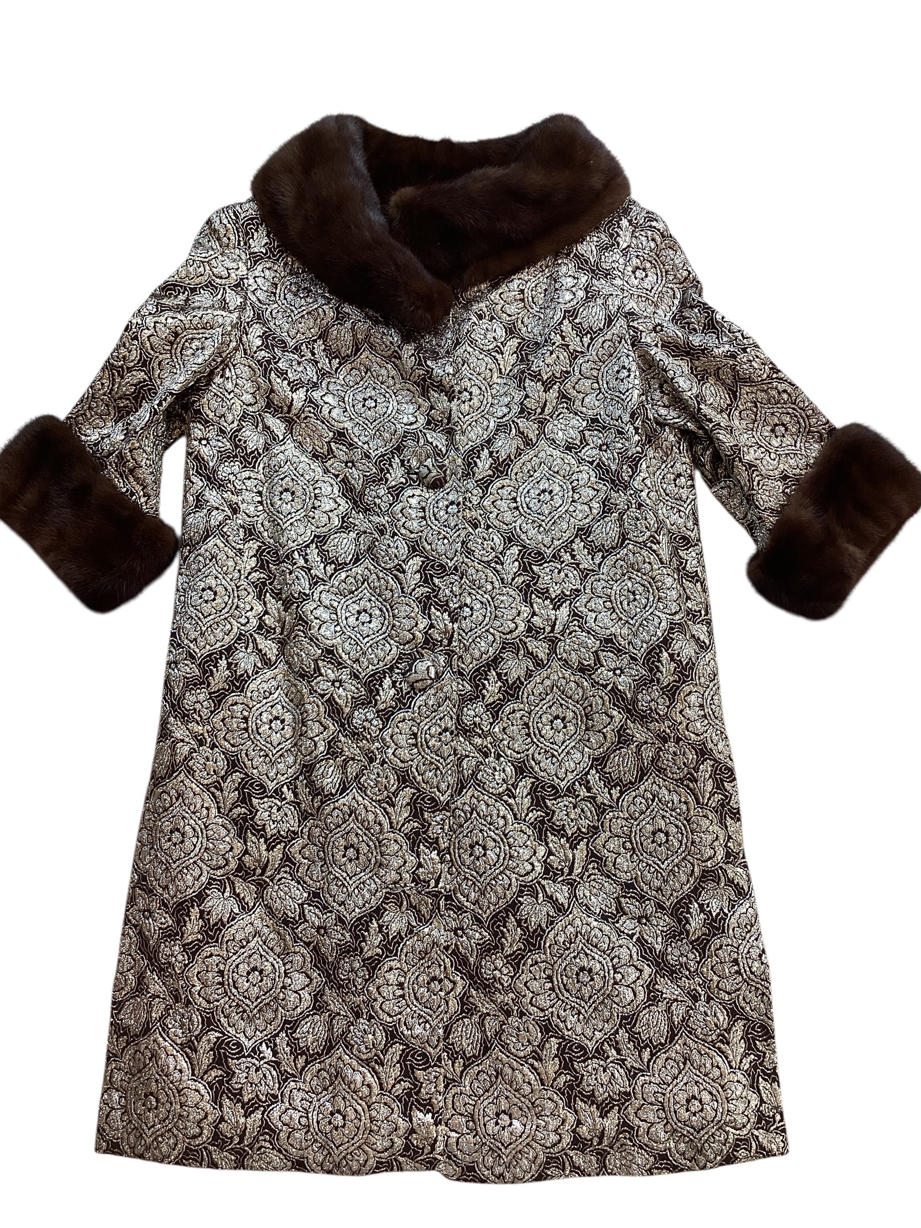 Vintage 1960s Custom Couture Brocade Shift Coat, Mahogany Mink Fur Collar & Cuffs