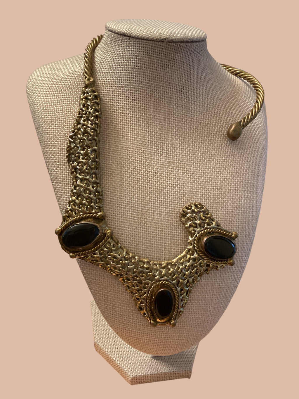 1960s Mexican Brutalist Brass & Onyx Handcrafted Collar Necklace