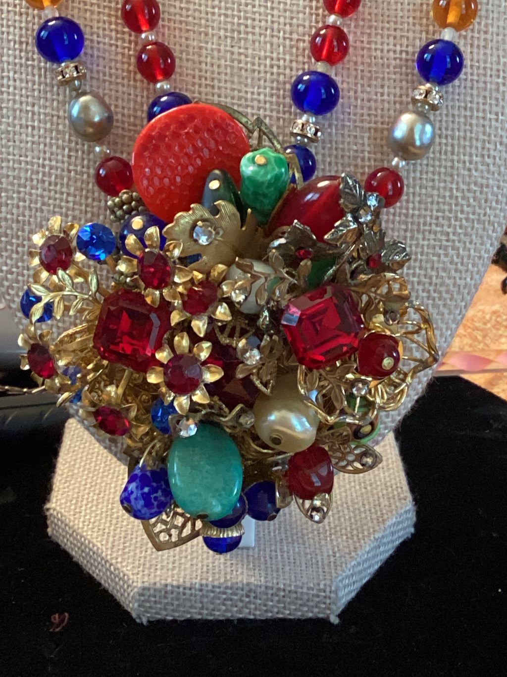 Vintage Mid-Century Beaded Cluster Statement Necklace & Brooch