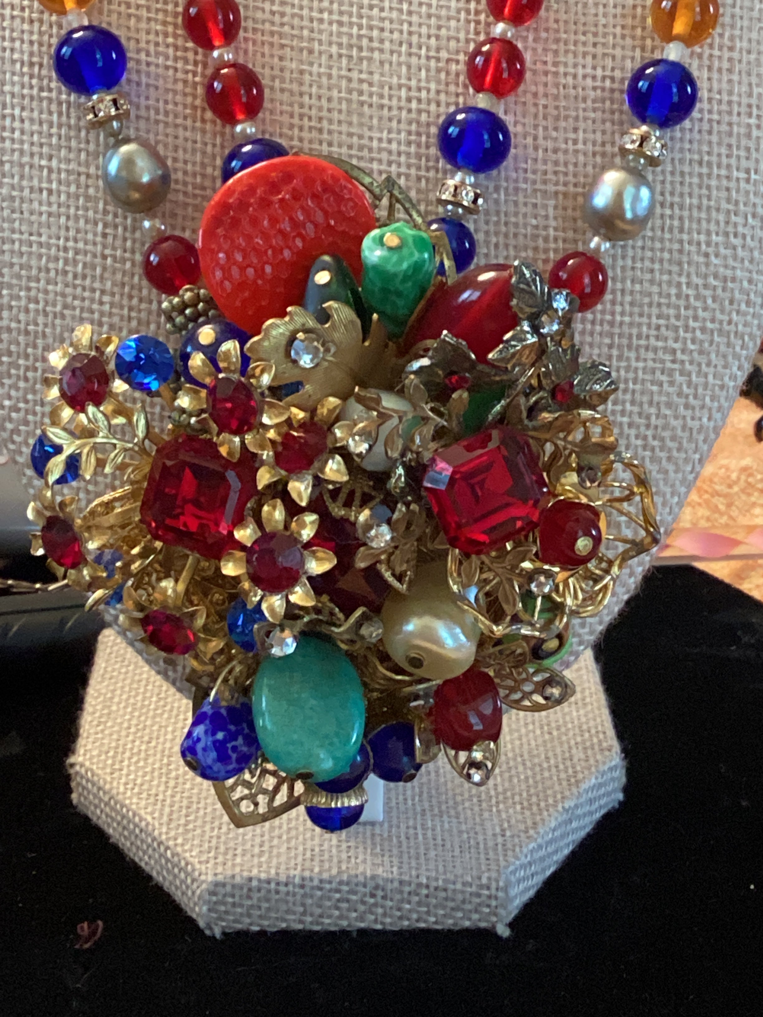 Vintage Mid-Century Beaded Cluster Statement Necklace & Brooch
