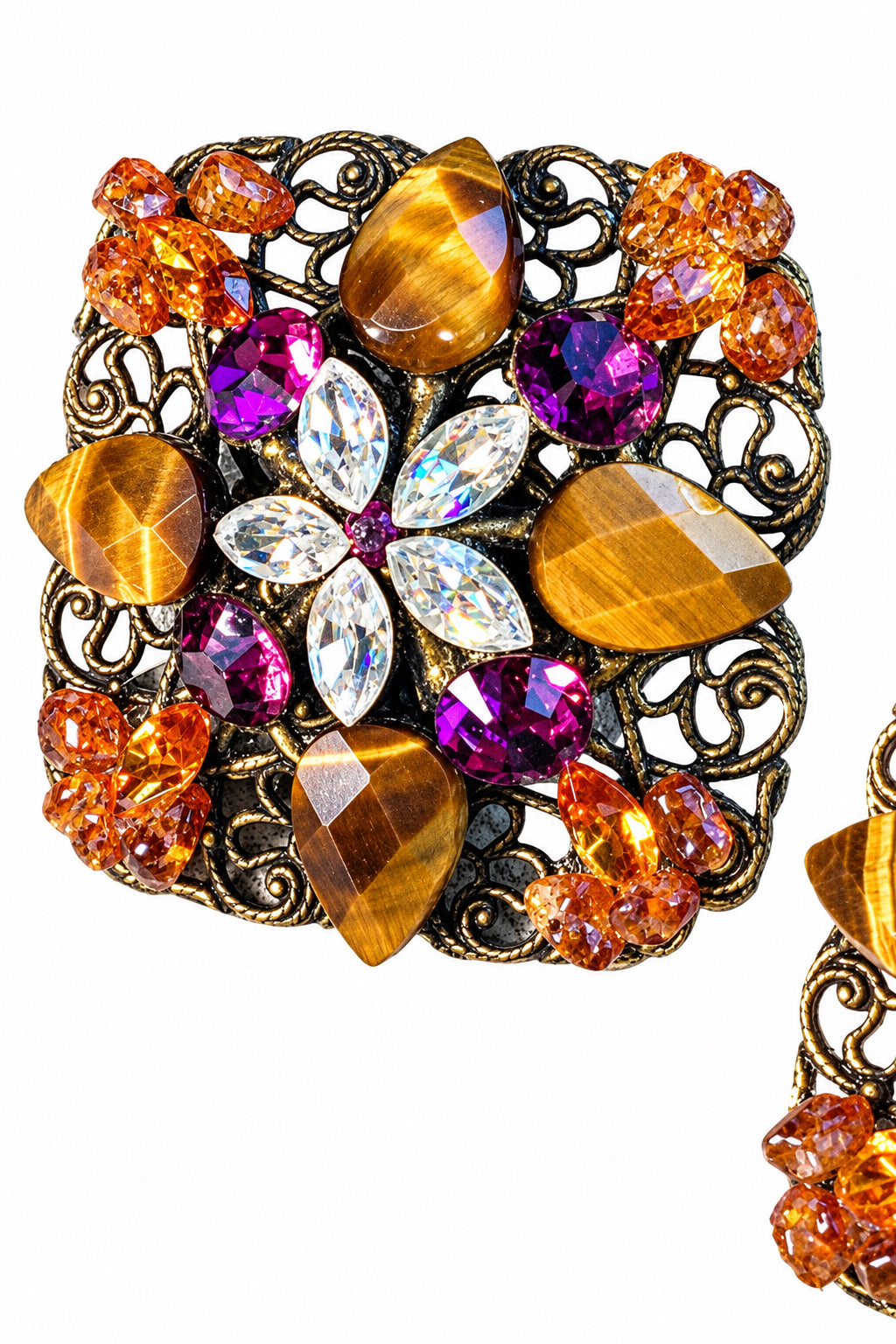 Signed Maya Evangelista Tiger Eye Maltese Cross Brooch & Clip Earrings Set