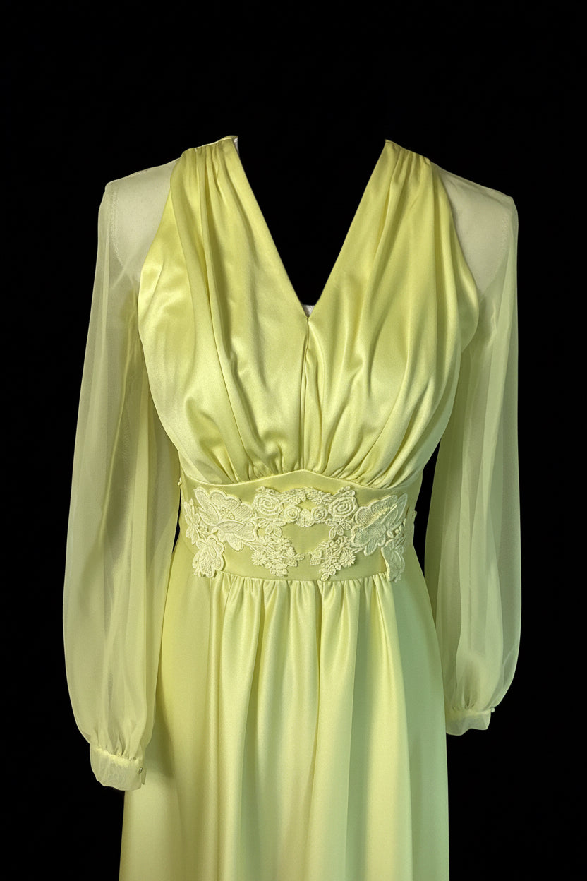 VTG 1970s Lemon Yellow Chiffon Maxi Dress