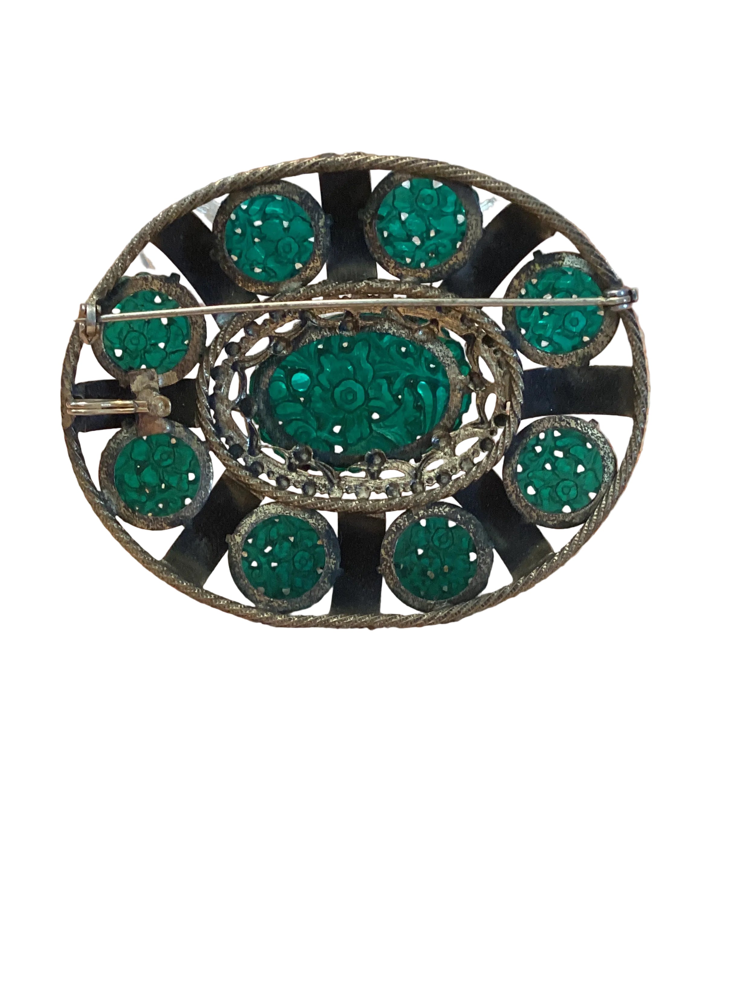 Art Deco Era Green Glass Floral Brooch/Pendant