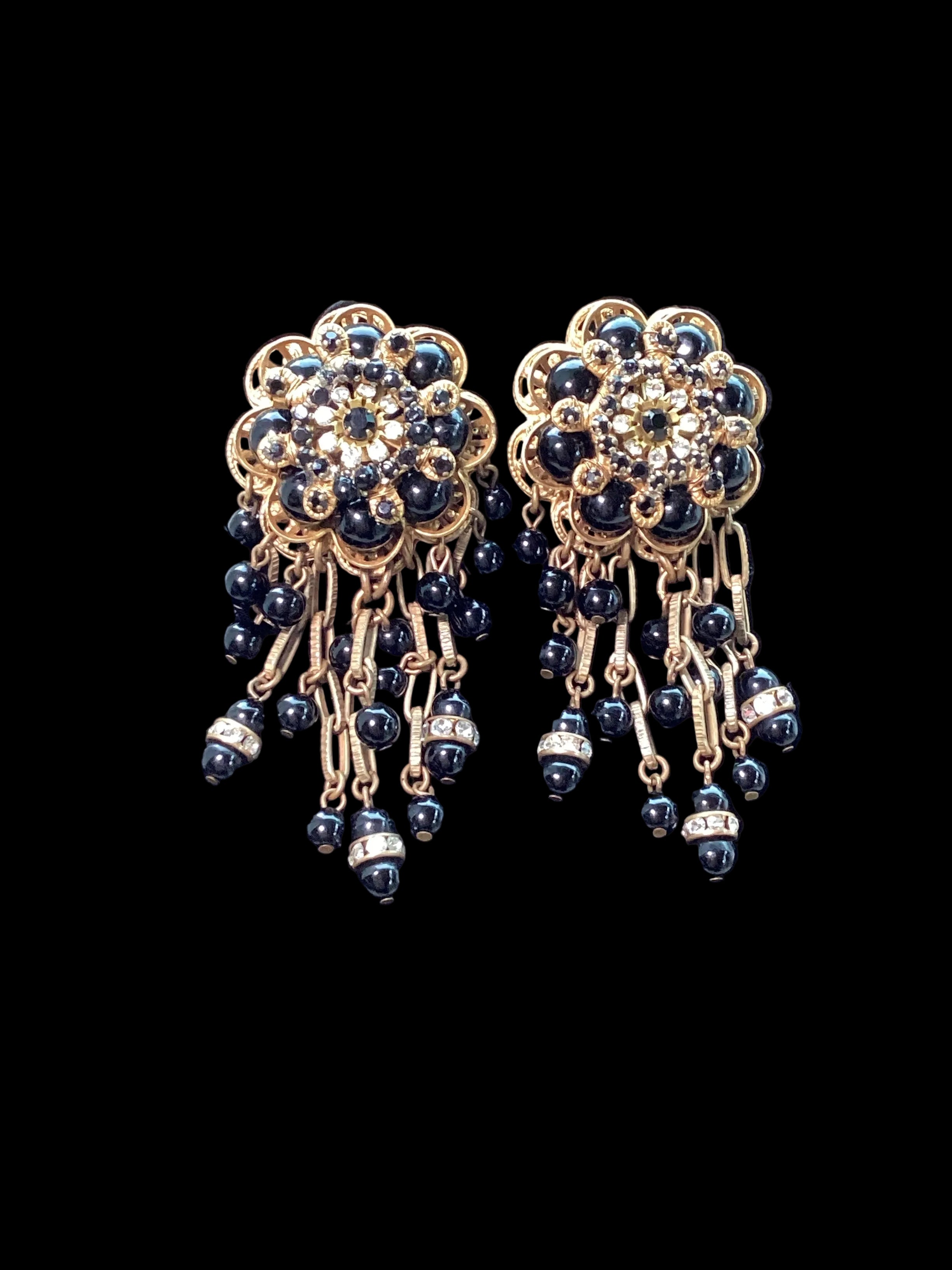 Rare Vintage Stanley Hagler N.Y.C. Jet Black Bead & Crystal Waterfall Earrings