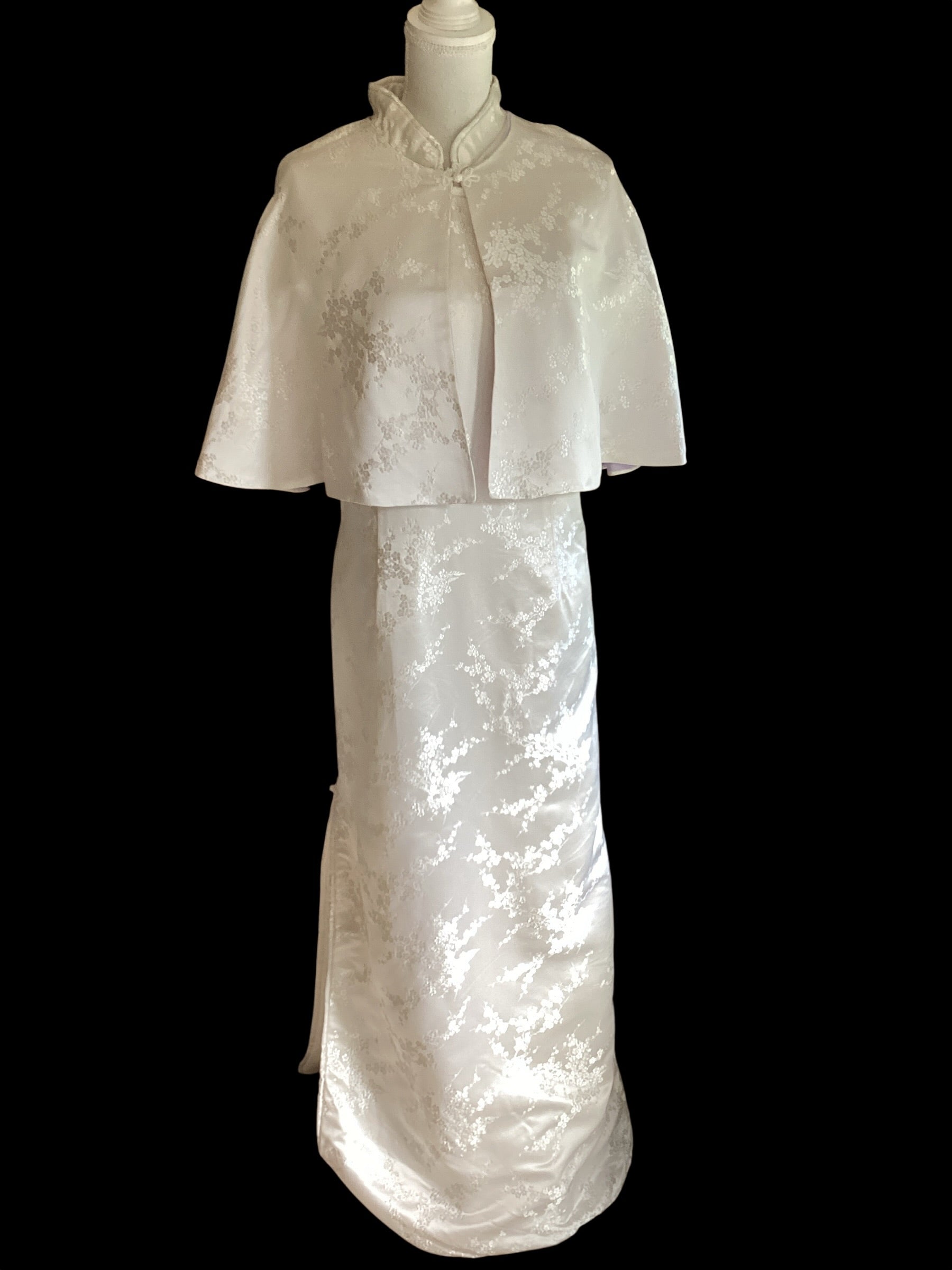 White Floral Brocade Cheongsam Dress & Capelet Set