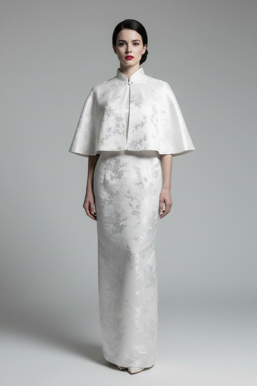 White Floral Brocade Cheongsam Dress & Capelet Set