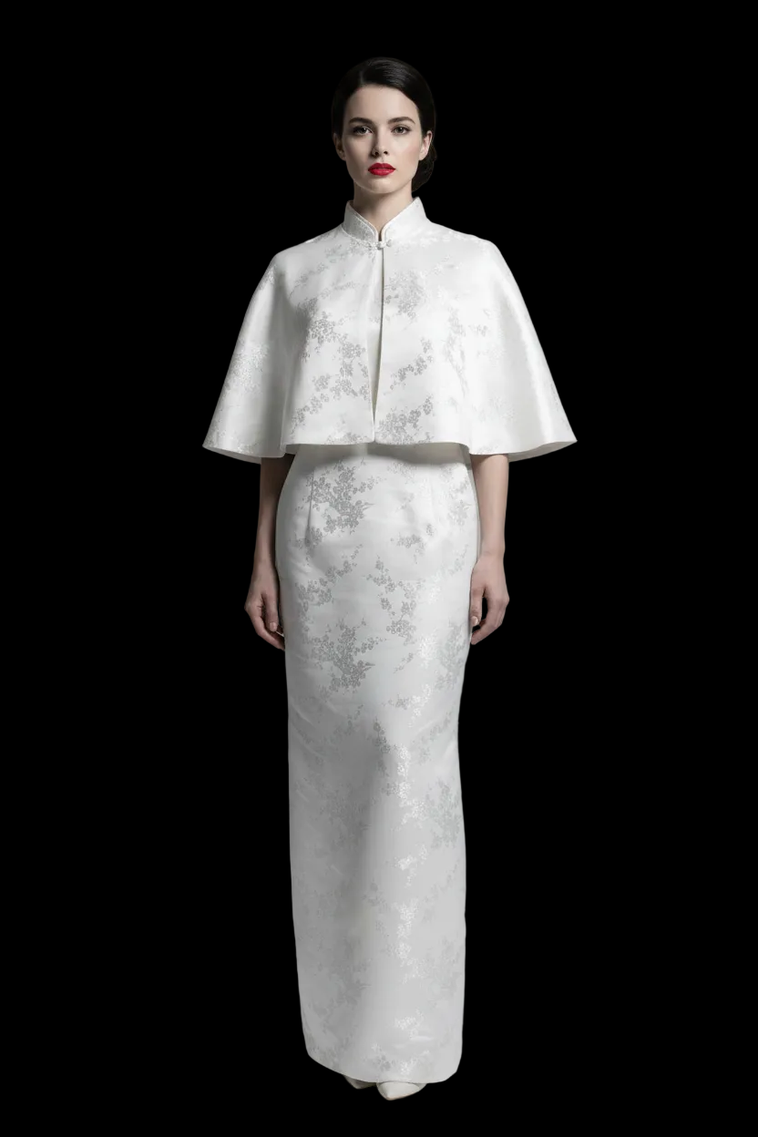 White Floral Brocade Cheongsam Dress & Capelet Set