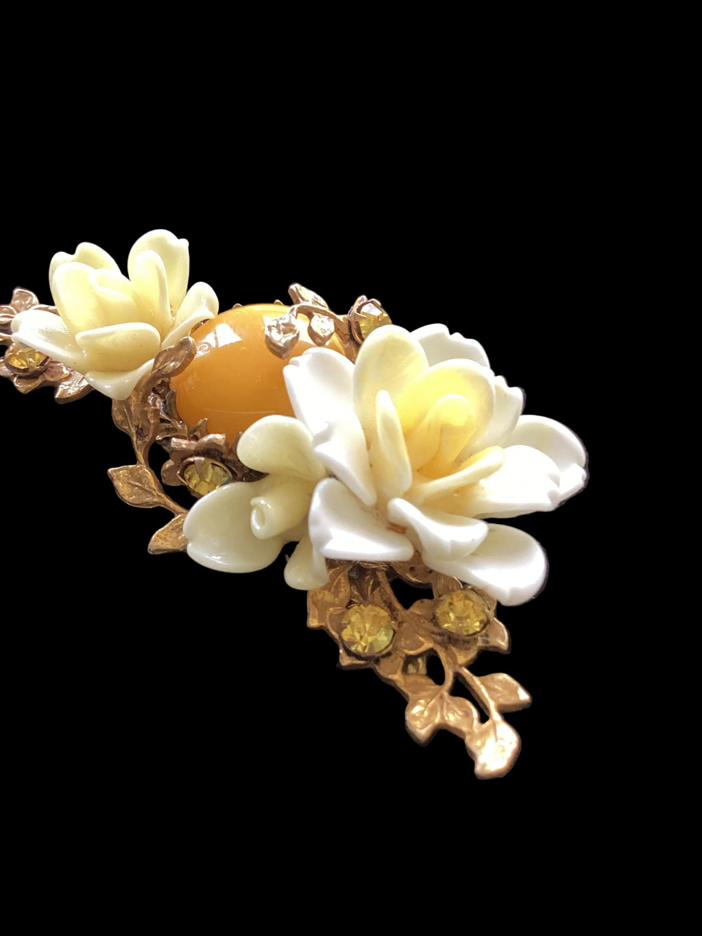 Vintage Miriam Haskell Rose & Butterscotch Cabochon Glass Brooch