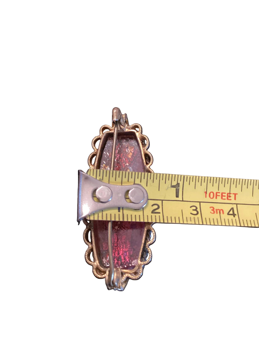 Circa 1880 Antique Victorian Bohemian Flamed Glass Brooch, Gilt Filigree Open Hook Pin