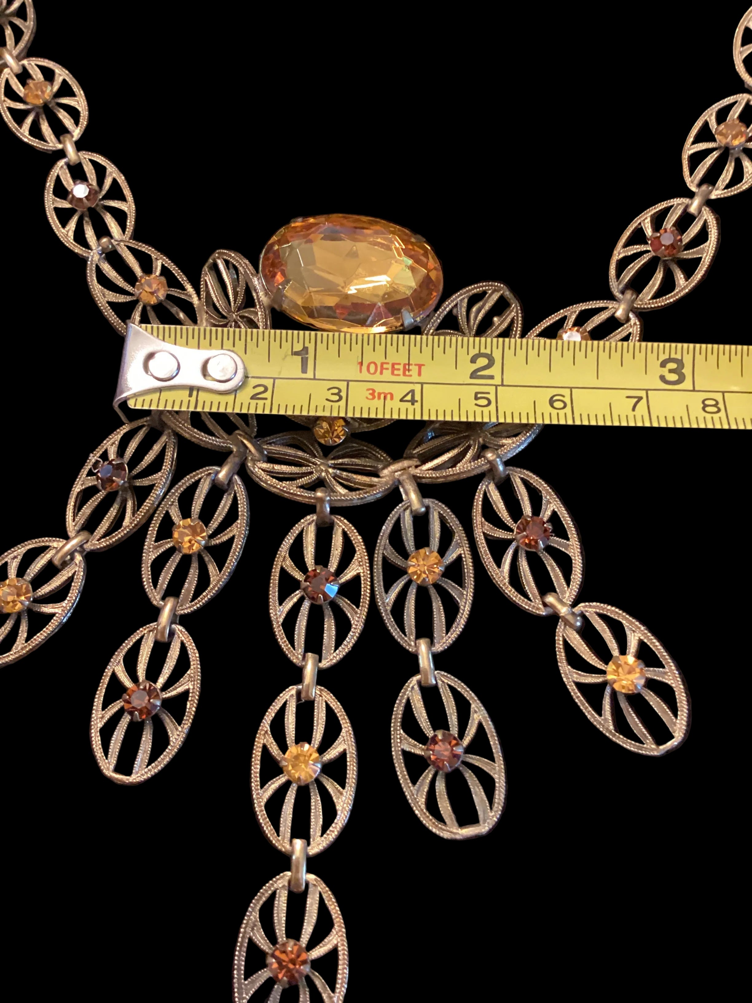 Antique Art Deco Brass Filigree Citrine Glass Necklace & Earrings Set