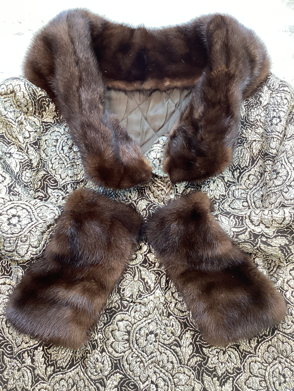 Vintage 1960s Custom Couture Brocade Shift Coat, Mahogany Mink Fur Collar & Cuffs