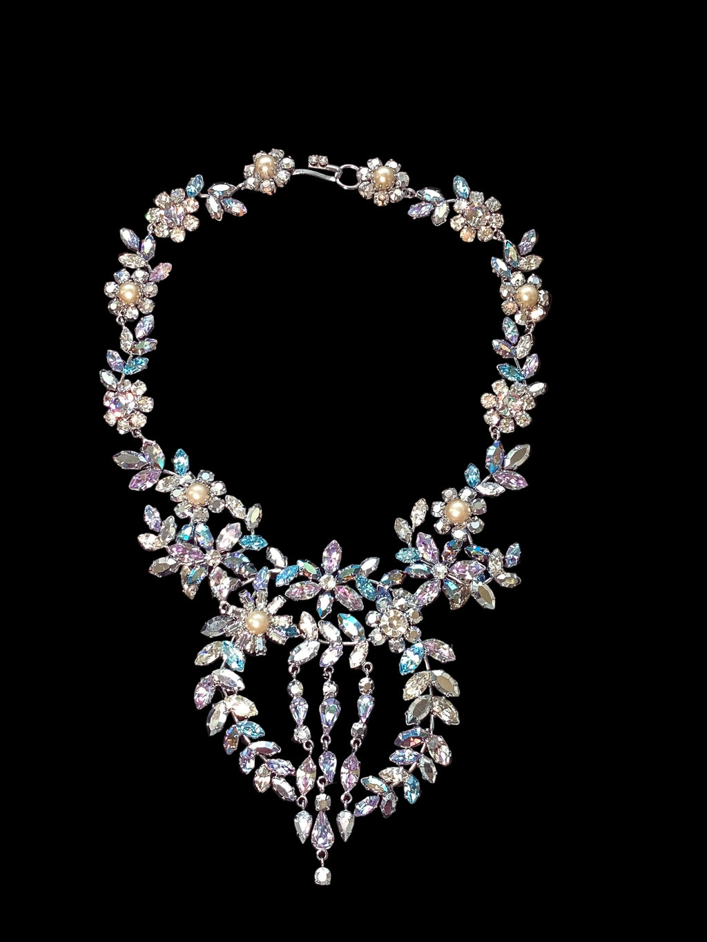 Circa 1950’s Made in Austria Bermuda Blue Rhinestone Bib Necklace & Western Germany Earrings