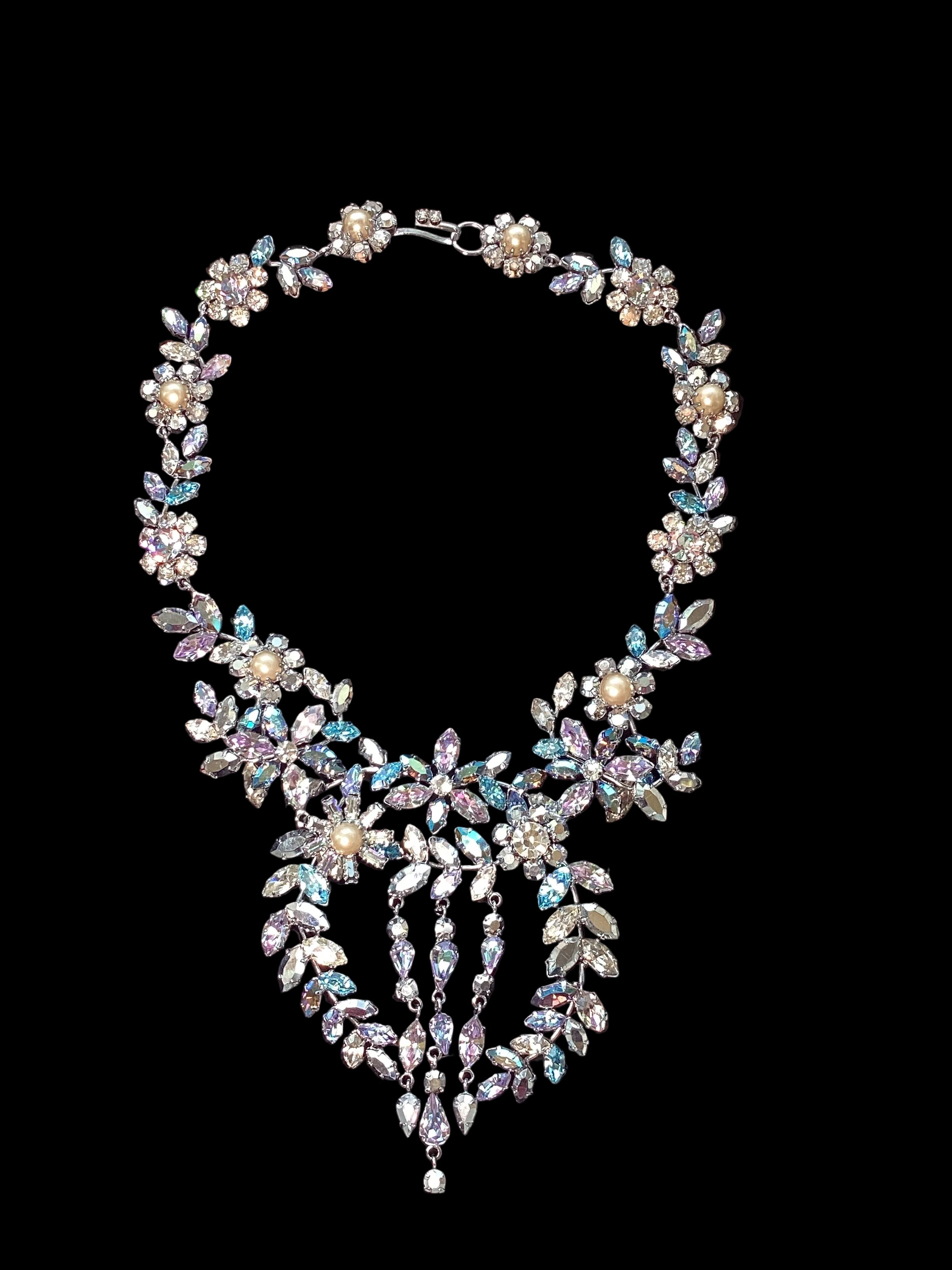 Circa 1950’s Made in Austria Bermuda Blue Rhinestone Bib Necklace & Western Germany Earrings