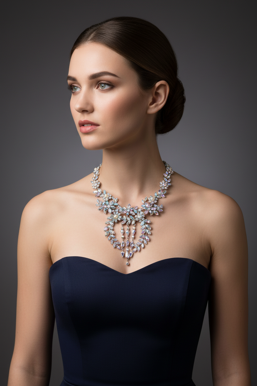 Circa 1950’s Made in Austria Bermuda Blue Rhinestone Bib Necklace & Western Germany Earrings