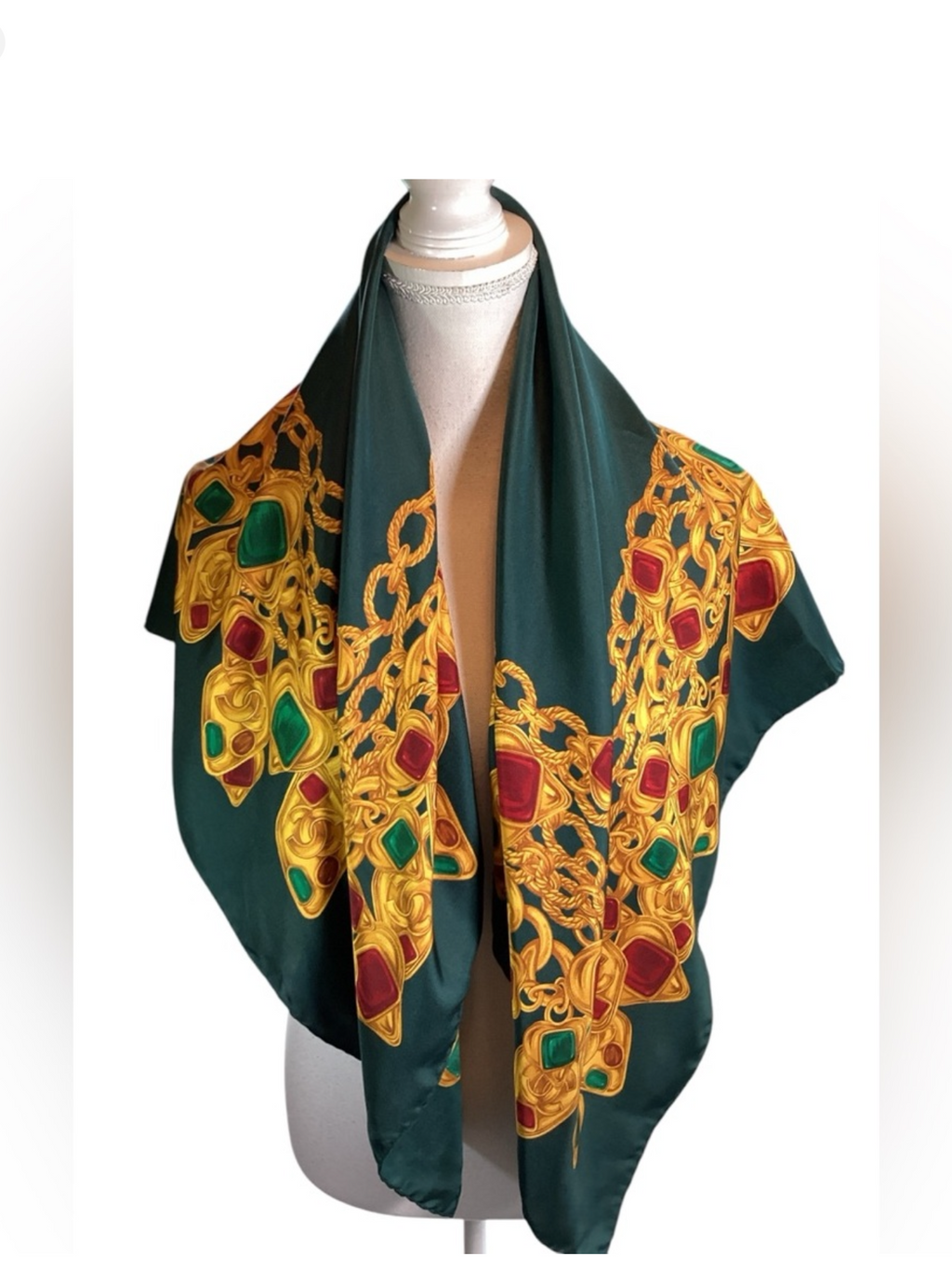CHANEL Circa 1980's Green & Gripoix Silk Scarf