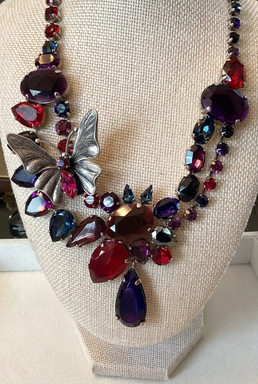 Signed Philippe Ferrandis Paris, Couture Jewel Tone Butterfly Necklace & Earrings Set