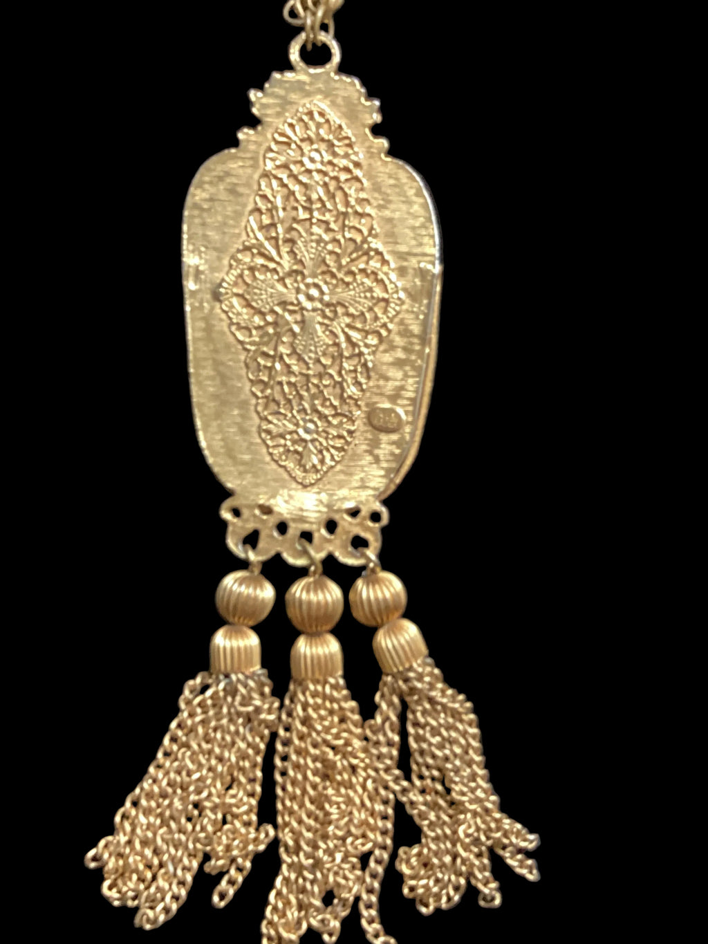 Circa 1960 Pauline Rader Etruscan Pouch Pendant Necklace & Matching Tassel Brooch Runway Couture Set