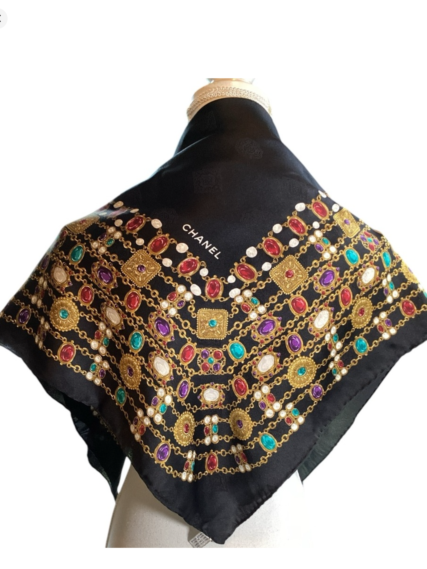 CHANEL Black & Gripoix Silk Scarf Circa 1980