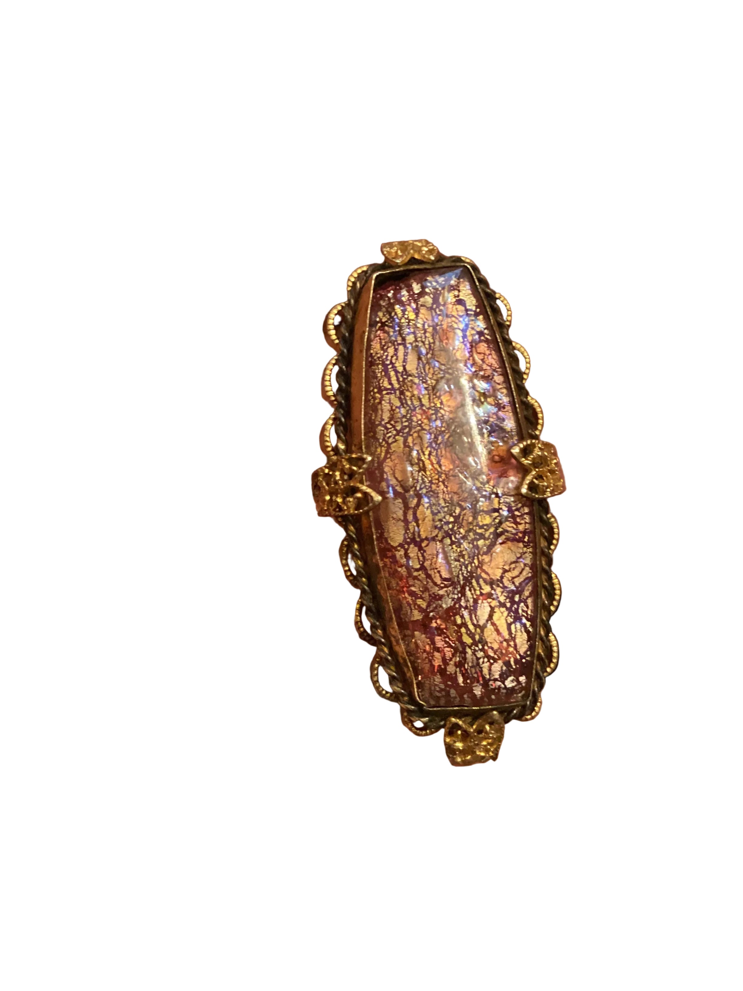 Circa 1880 Antique Victorian Bohemian Flamed Glass Brooch, Gilt Filigree Open Hook Pin