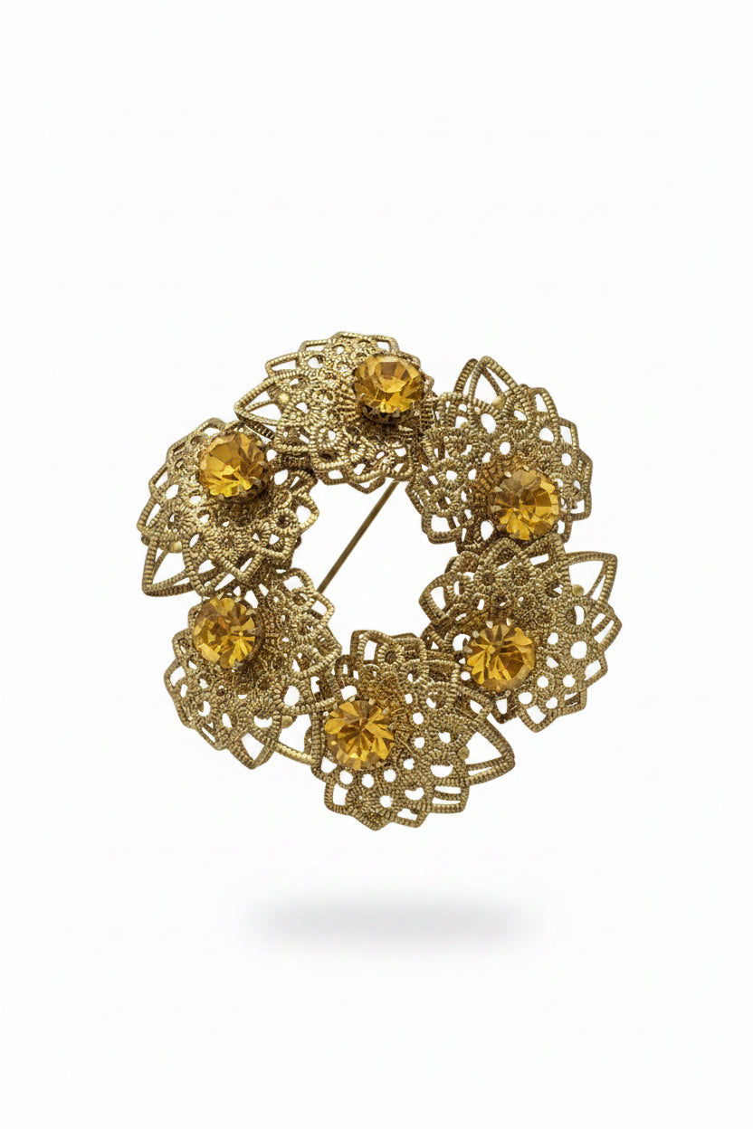 1950s West Germany Brass Filigree Citrine
Wreath Brooch