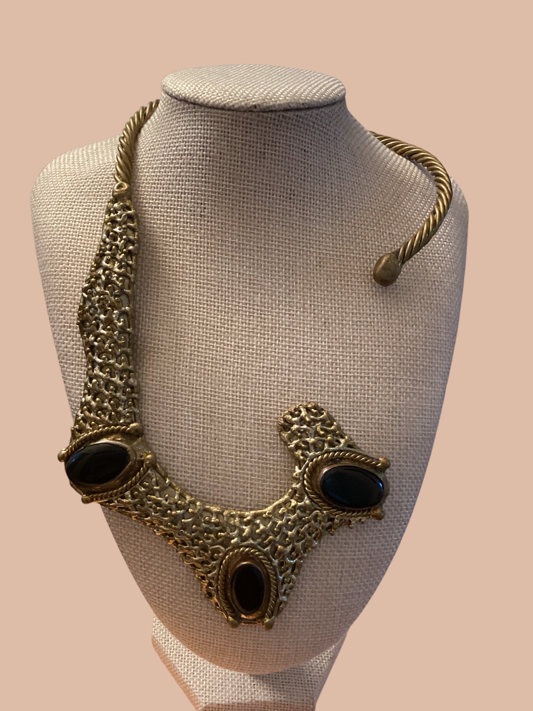 1960s Mexican Brutalist Brass & Onyx Handcrafted Collar Necklace
