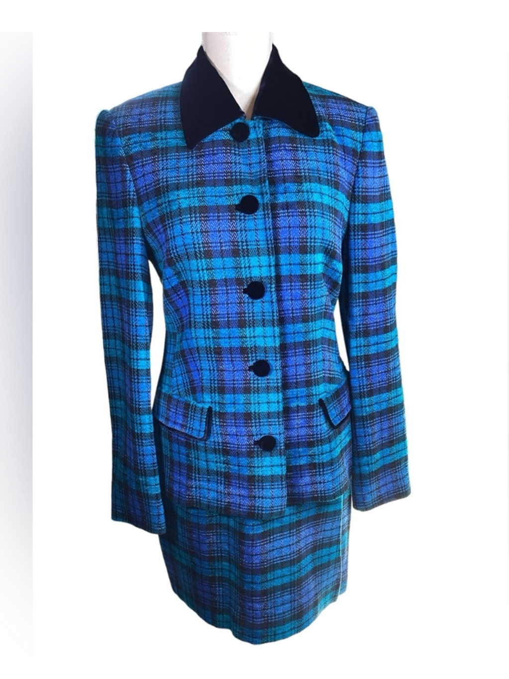 1980's Laurel Blue Plaid & Velvet Suit