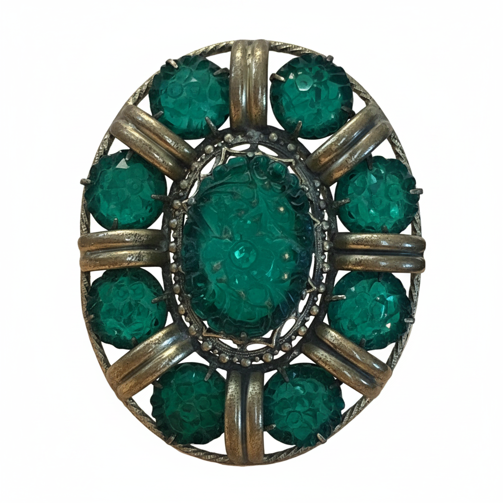 Art Deco Era Green Glass Floral Brooch/Pendant