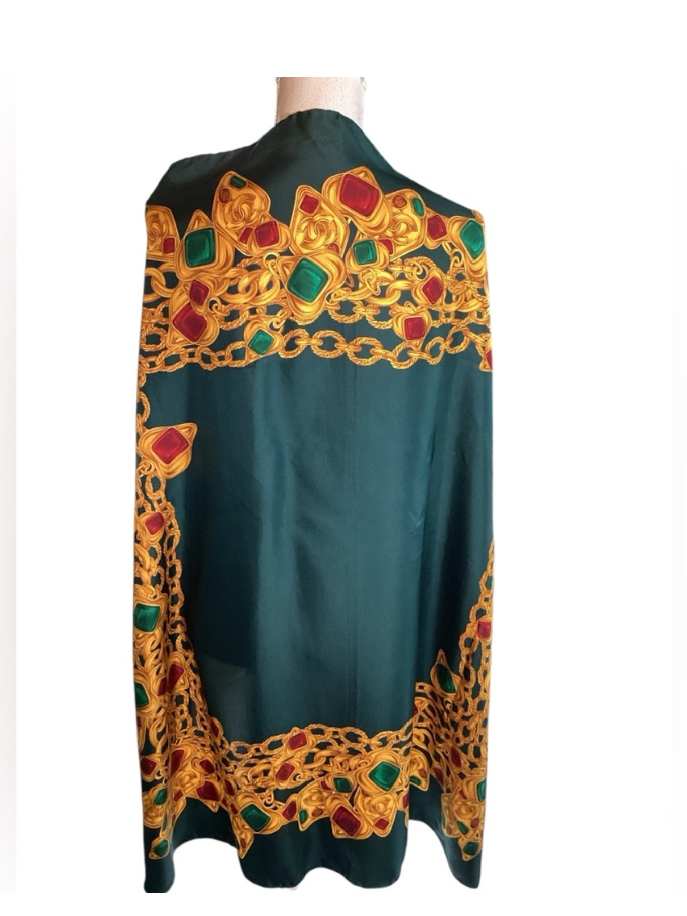 CHANEL Circa 1980's Green & Gripoix Silk Scarf