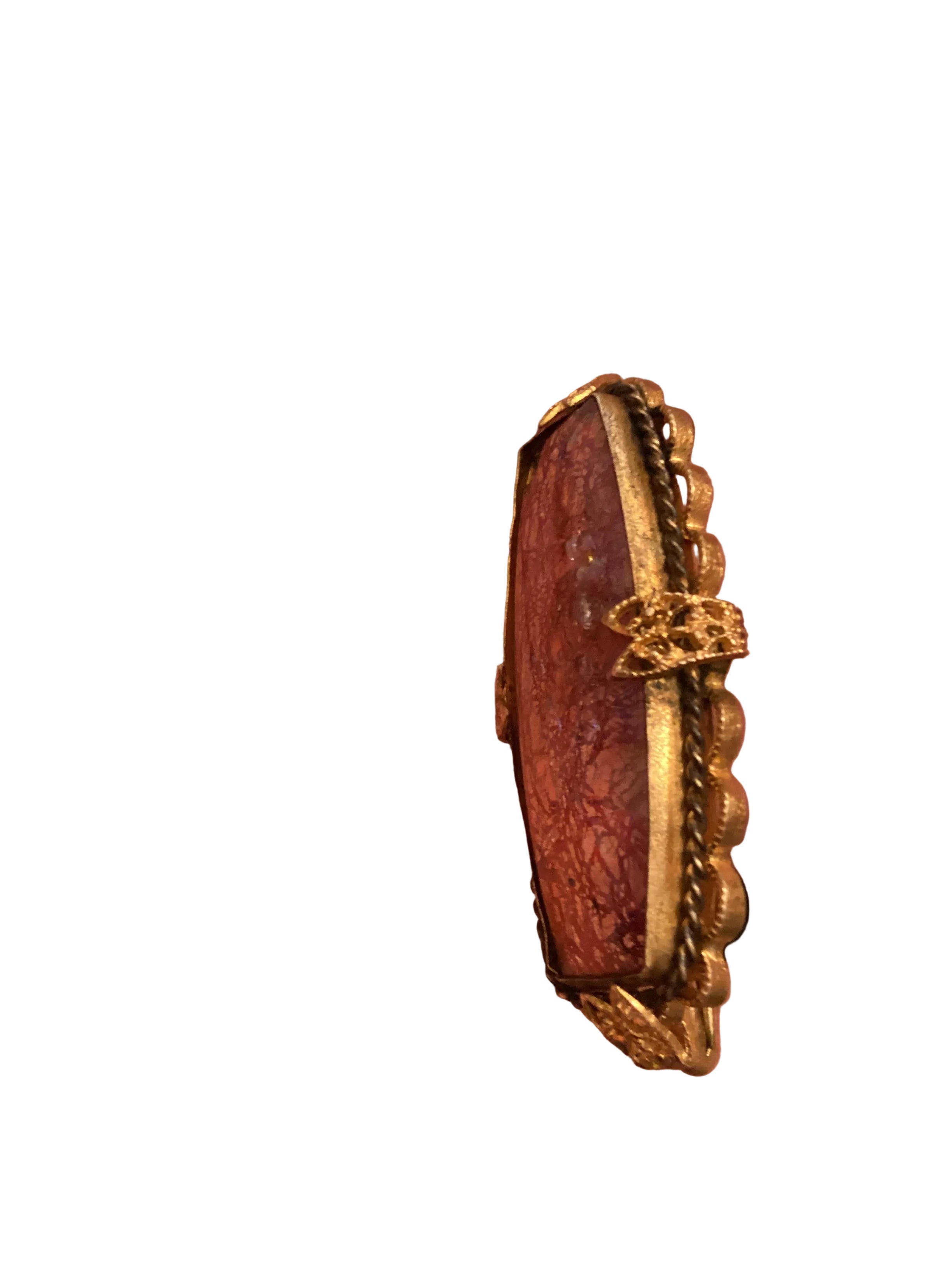 Circa 1880 Antique Victorian Bohemian Flamed Glass Brooch, Gilt Filigree Open Hook Pin
