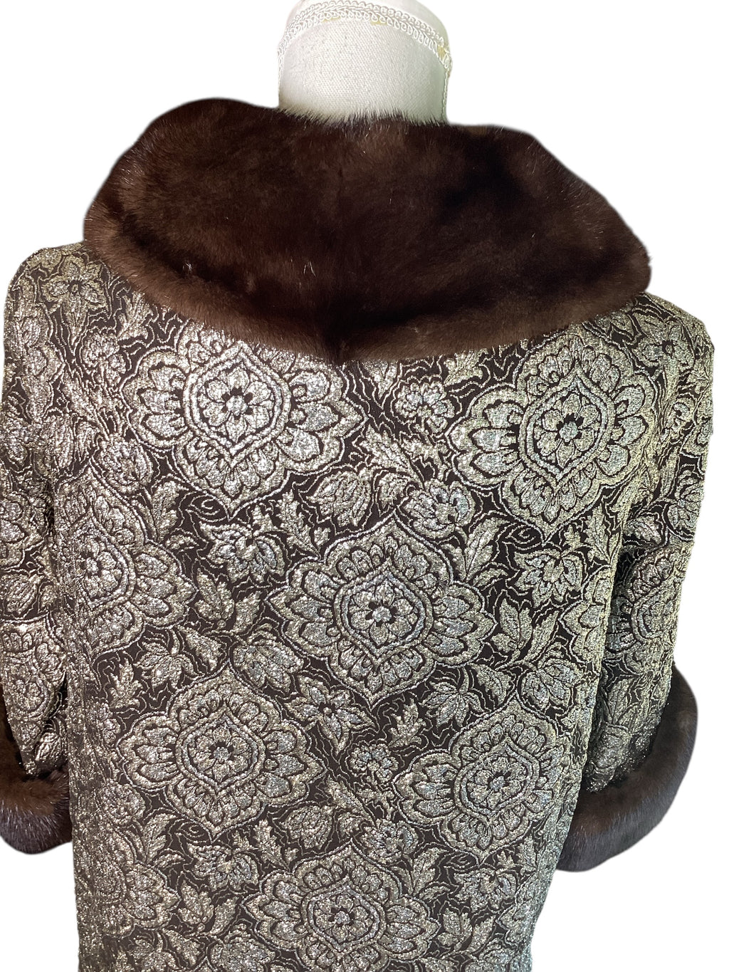 Vintage 1960s Custom Couture Brocade Shift Coat, Mahogany Mink Fur Collar & Cuffs