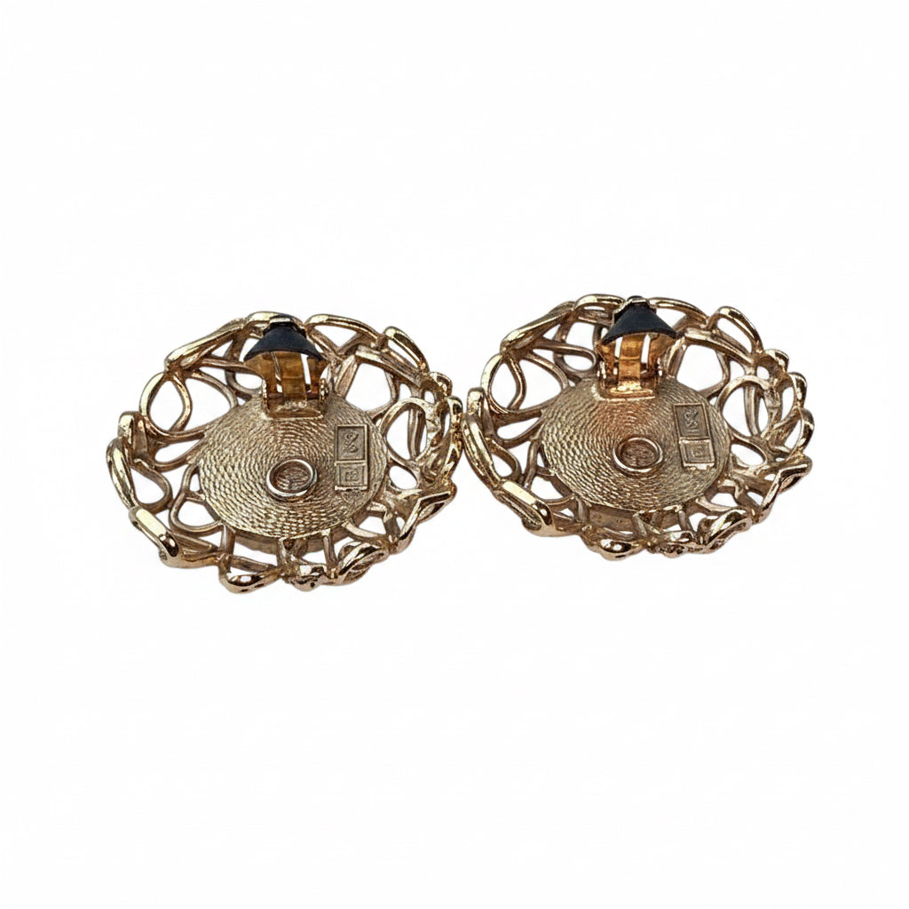 Circa 1980 YSL Goossens Openwork Red Cabochon Clip Earrings