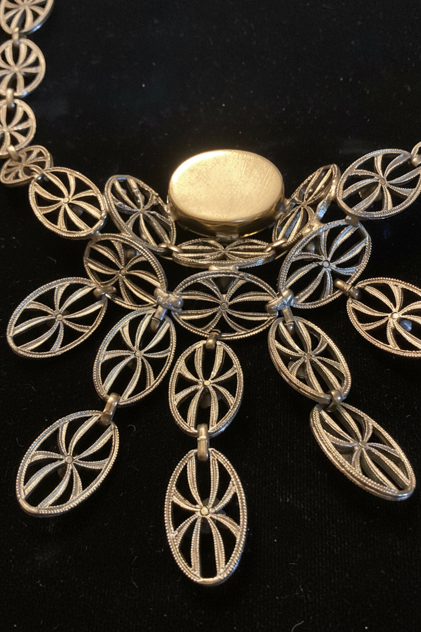 Antique Art Deco Brass Filigree Citrine Glass Necklace & Earrings Set